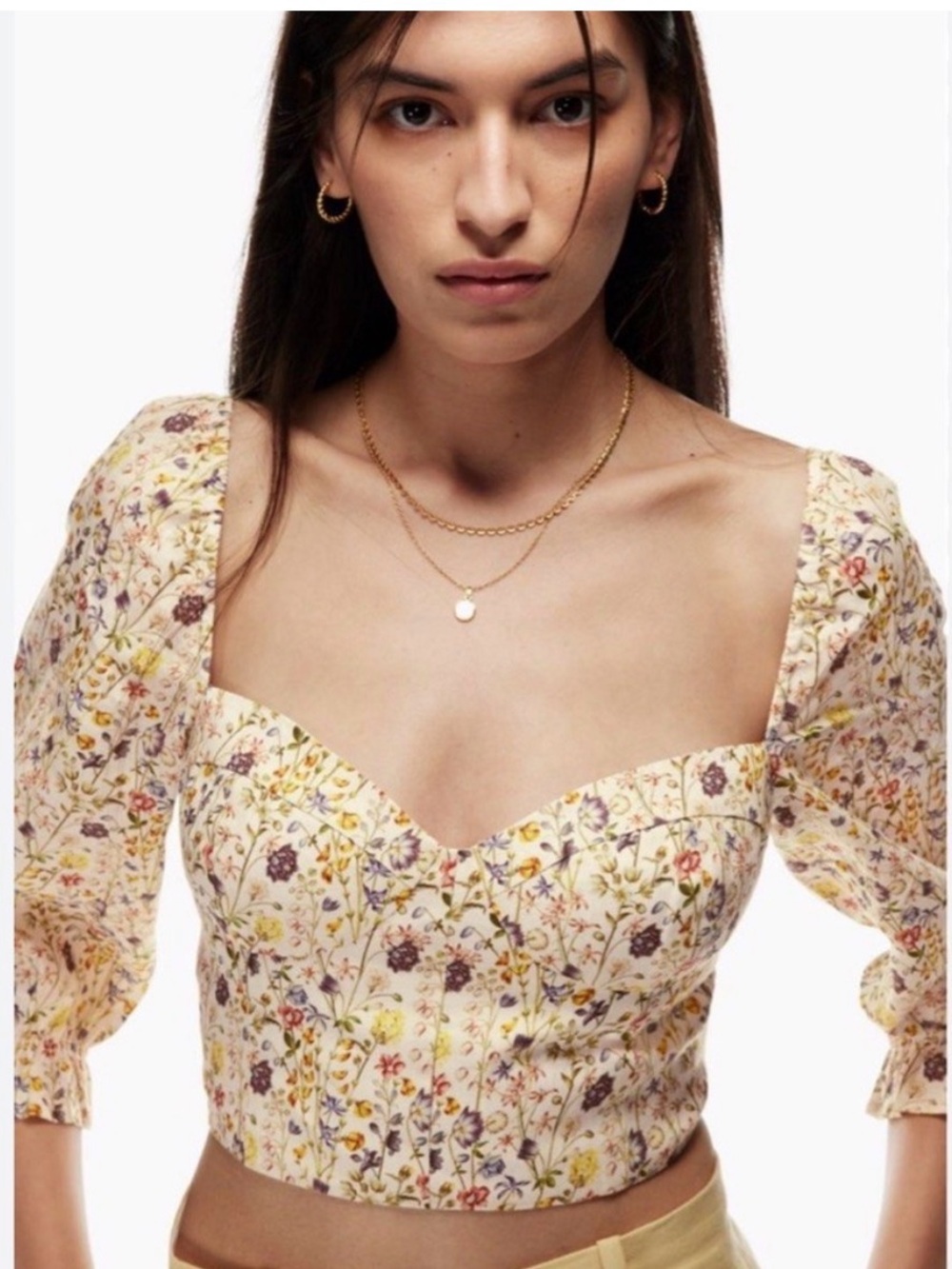 Wilfred Cream Floral Puff-Sleeve Sweetheart Crop Top